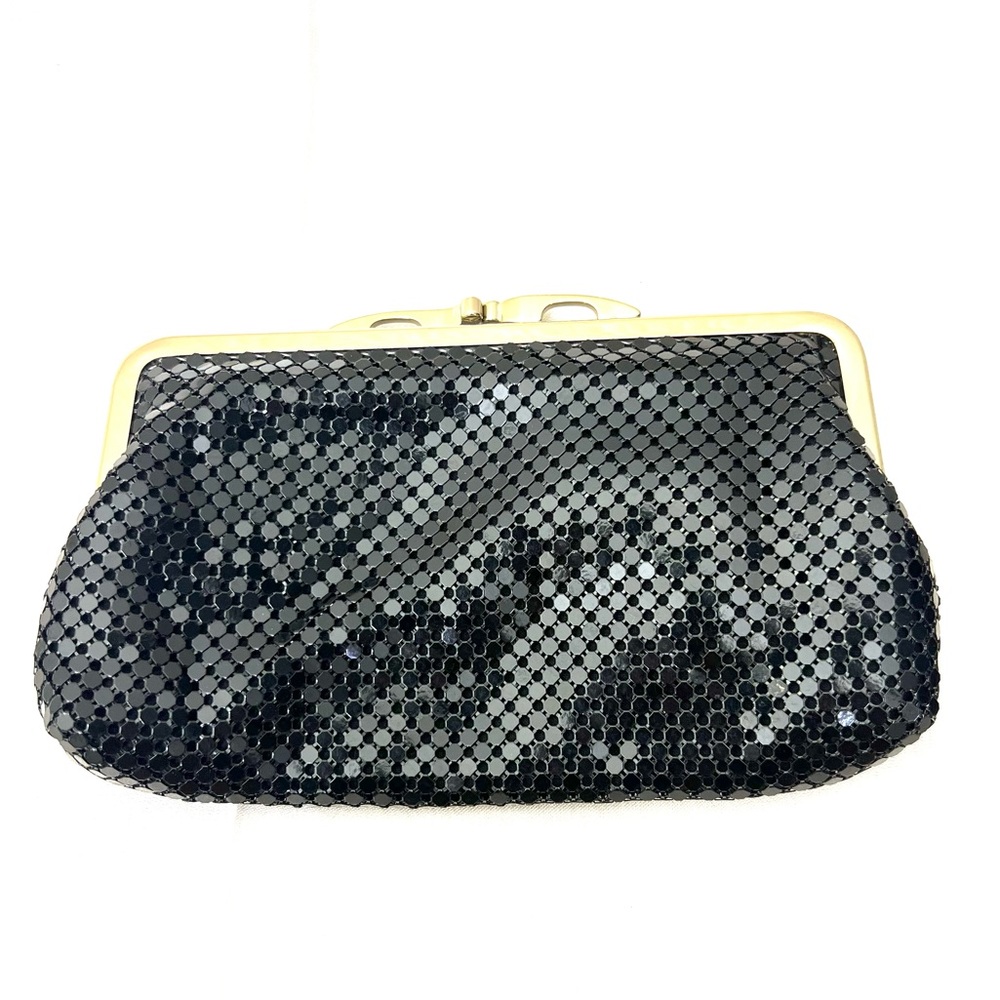 Whiting and Davis Mini Clutch Black Mesh Kiss Lock Black and Gold